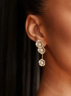 Halo Flower Yellow Gold Drop Earrings