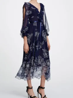 Long Sleeve Floral Tulle Chiffon Gown