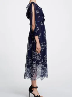 Long Sleeve Floral Tulle Chiffon Gown