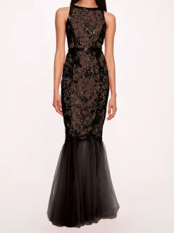 Sequin Lattice Strapless Gown