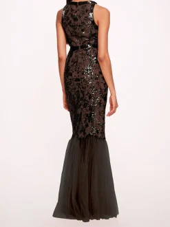 Sequin Lattice Strapless Gown