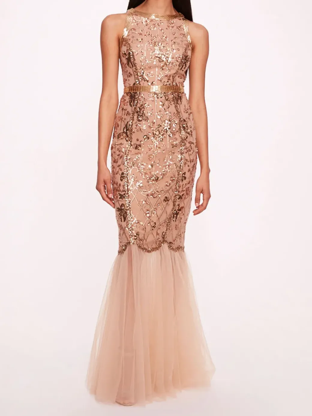 Sequin Lattice Strapless Gown