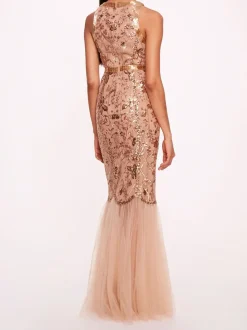 Sequin Lattice Strapless Gown