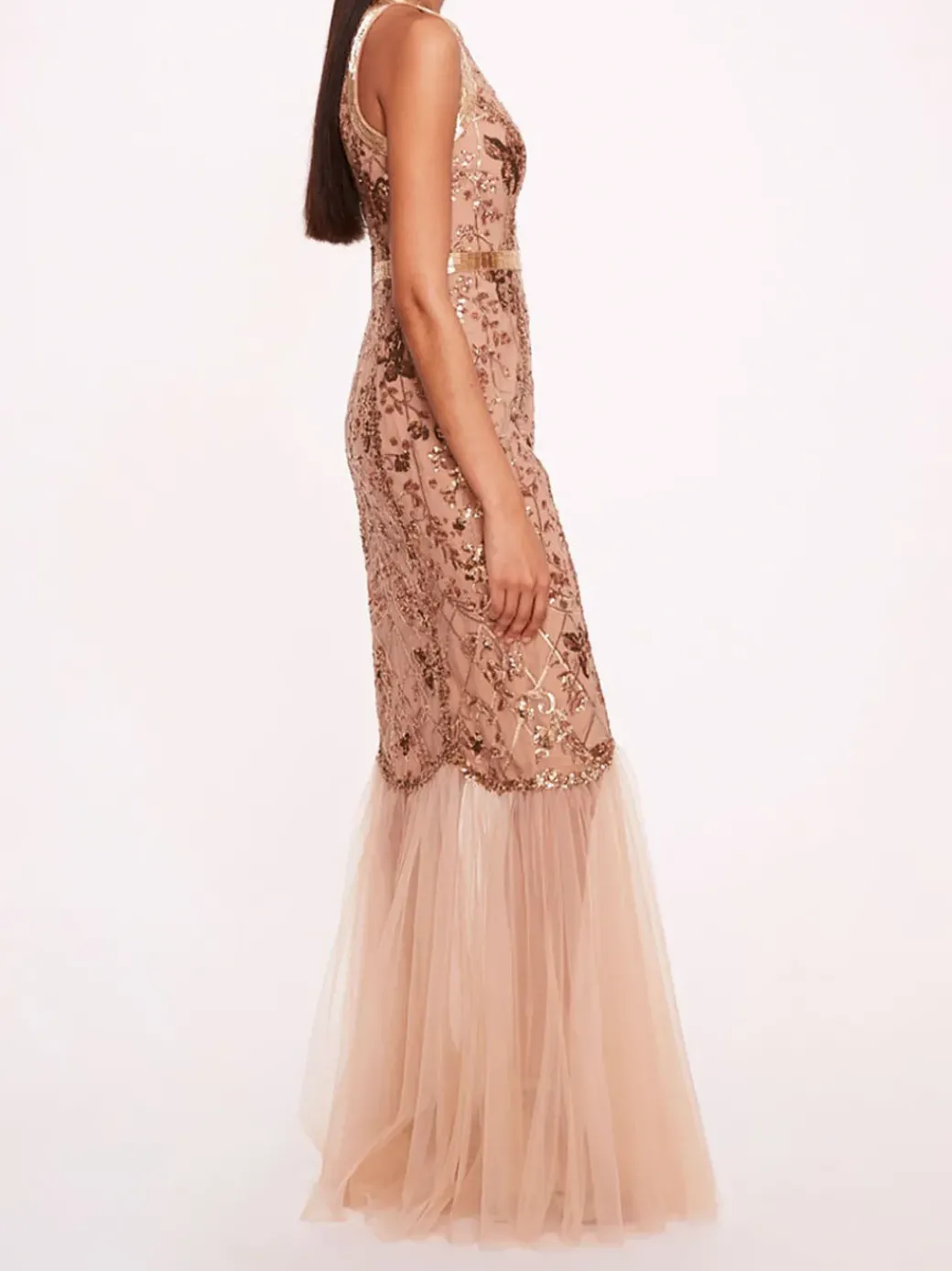 Sequin Lattice Strapless Gown