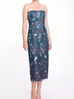 Strapless Embroidered Tea Length Gown